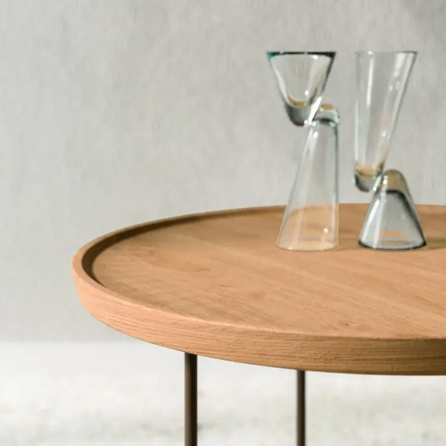 Distinguished Ozzio Italia Moved coffee table with warm brown wood and sleek metal rods in a smooth matte finish