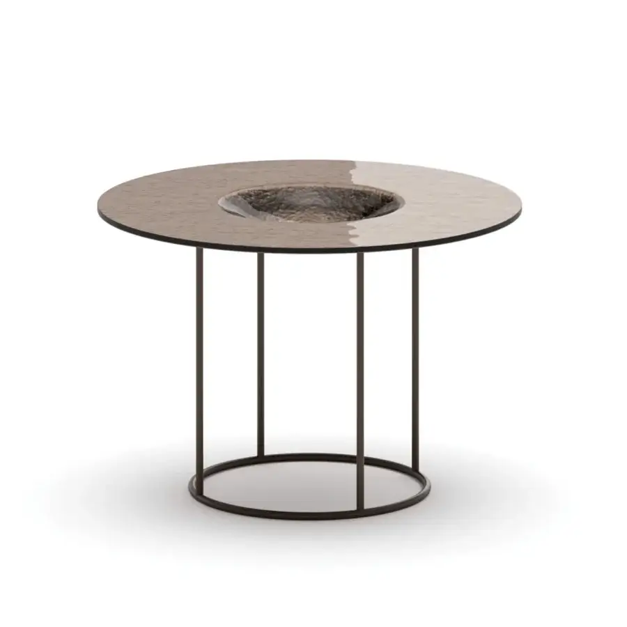 Architectural Ozzio Italia Moved coffee table with warm brown wooden top and sleek metal rods supporting a glossy finish