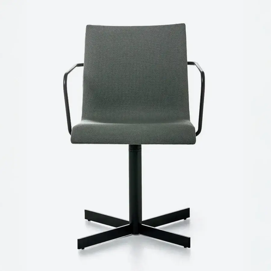 Distinguished Bross Bee swivel armchair with textured matte gray fabric upholstery and sleek dark metal framing