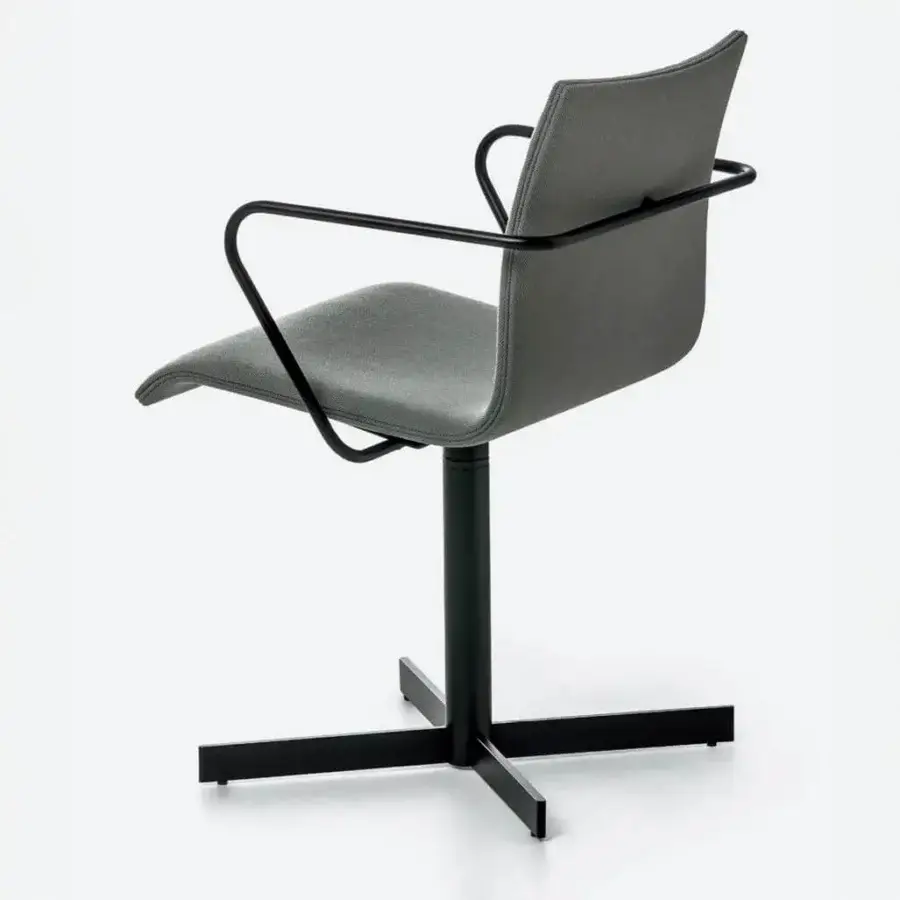 Elegant Bross Bee swivel armchair in gray premium fabric with contrasting black metal armrests and matte base