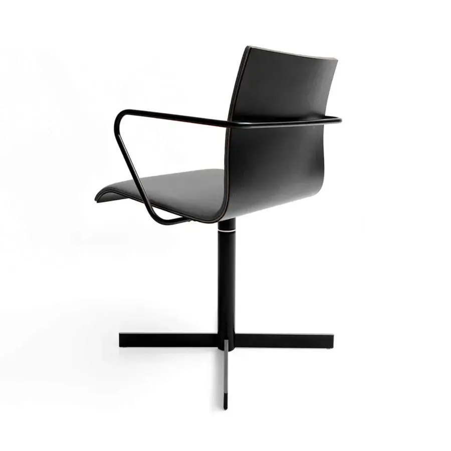 Distinguished Bross Bee swivel armchair with wood seat and back, plus metal armrests and a black finish