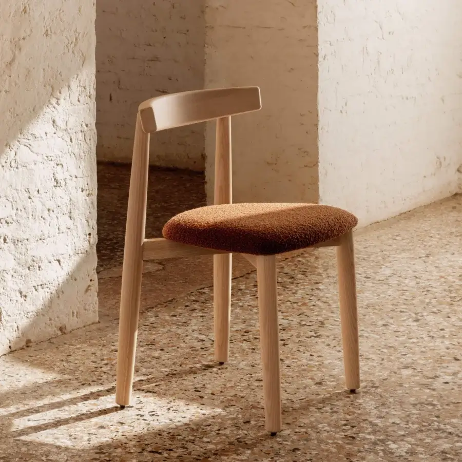 Superior Miniforms Claretta Bold chair with light wood frame and textured brown textile upholstery in a matte finish