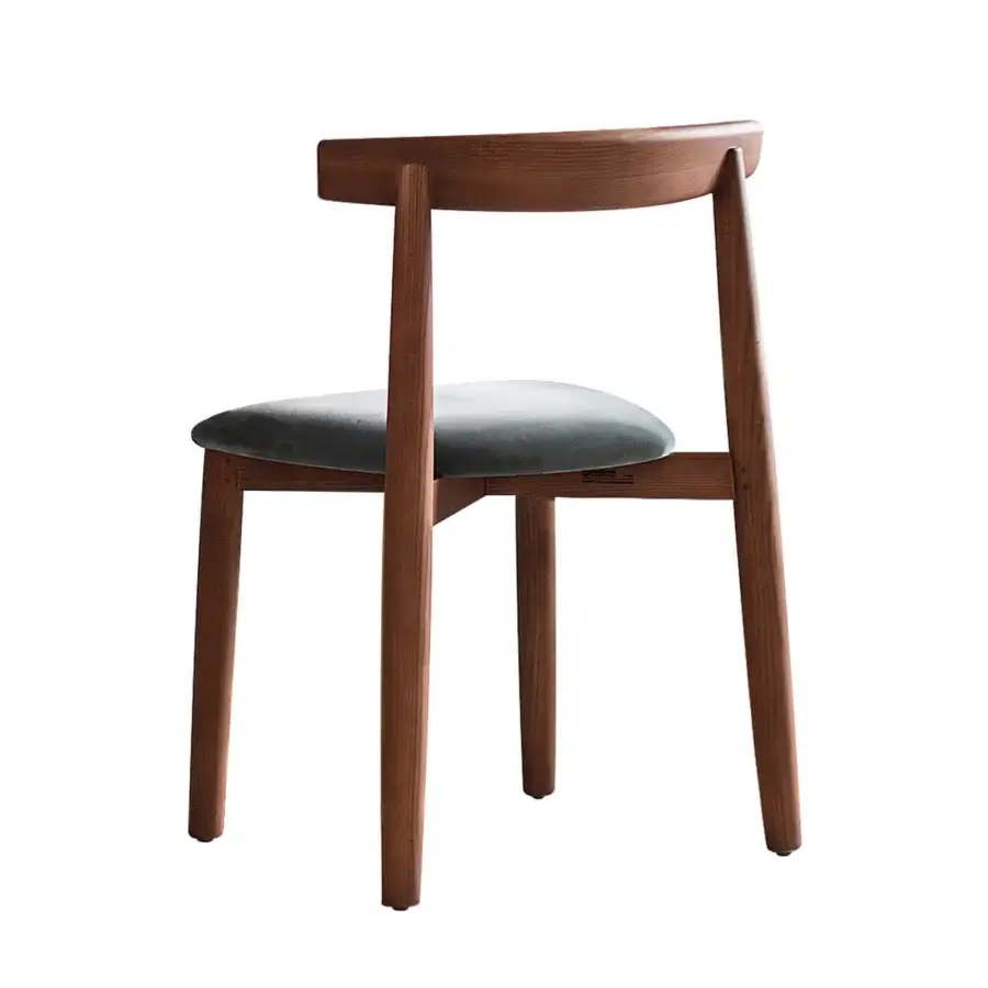 Distinguished Miniforms Claretta Bold chair crafted in Italy with muted grey-green textile and smooth medium-brown wood finish