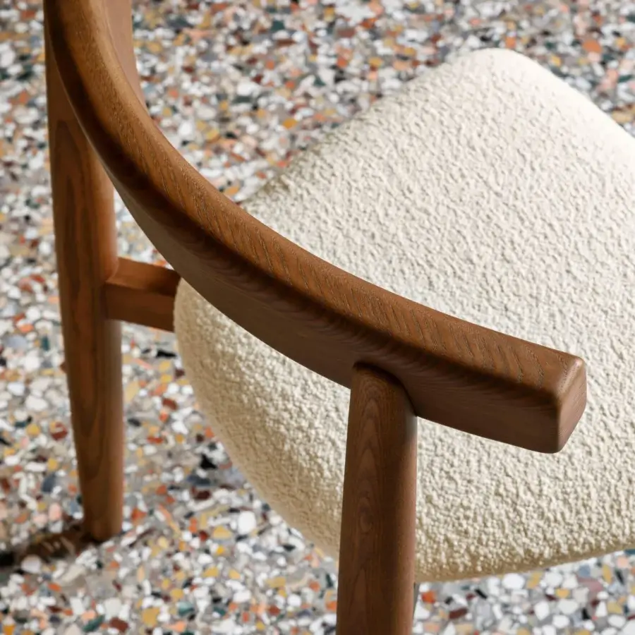 Exceptional Miniforms Claretta Bold chair built in Italy with smooth brown wood and textured off-white upholstery