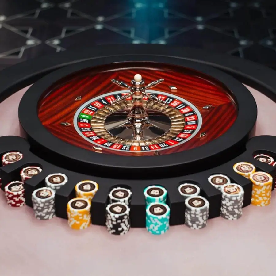 Elegant Vismara Montecarlo roulette table with reddish-brown wood and light pink lacquered tempered glass top with black finish