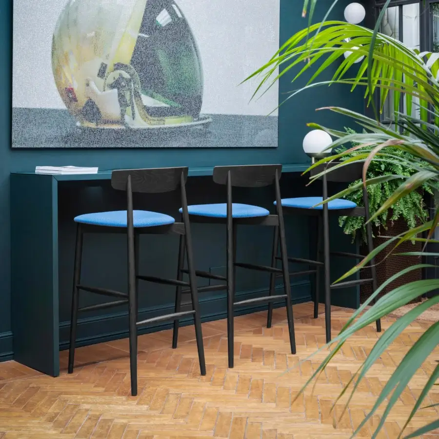 Exceptional Miniforms Claretta stool with dark wood frame and bright blue textile seat presents a matte finish