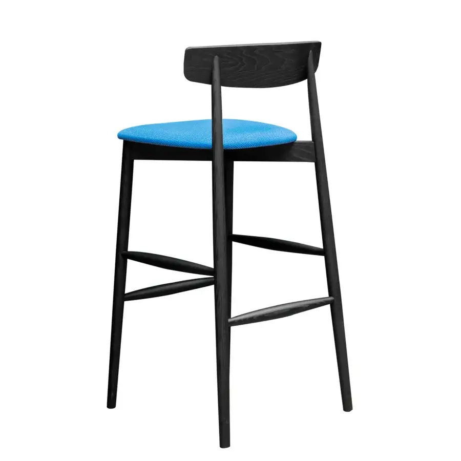 Superior Miniforms Claretta stool with dark matte wood and vibrant blue upholstery presents a geometric form
