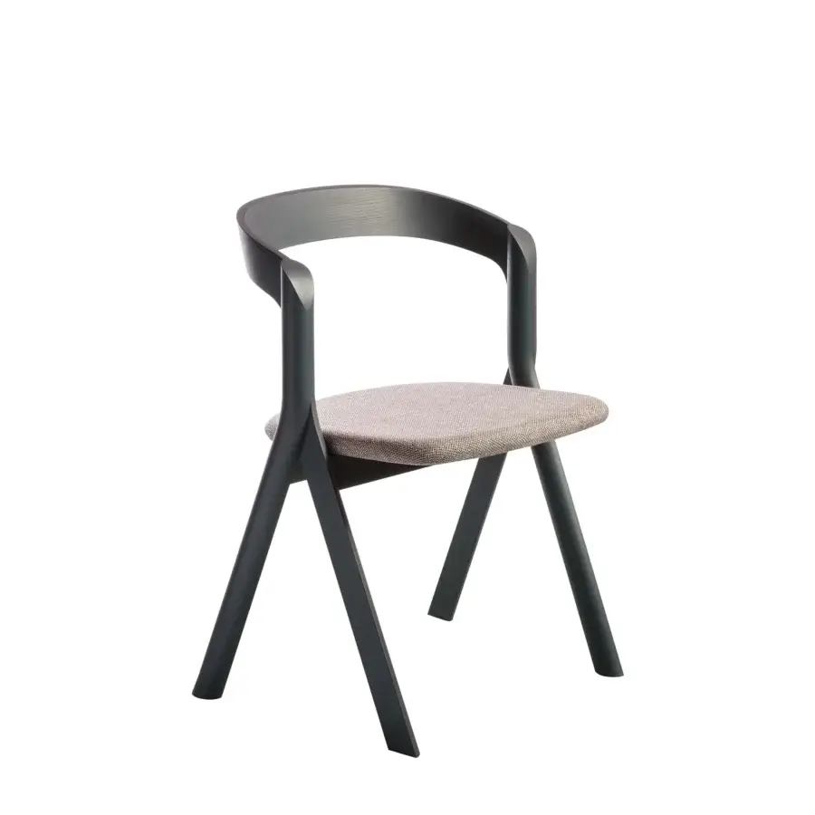 Distinctive Miniforms Diverge chair with dark gray matte wood and beige textile showcasing curved backrest lines