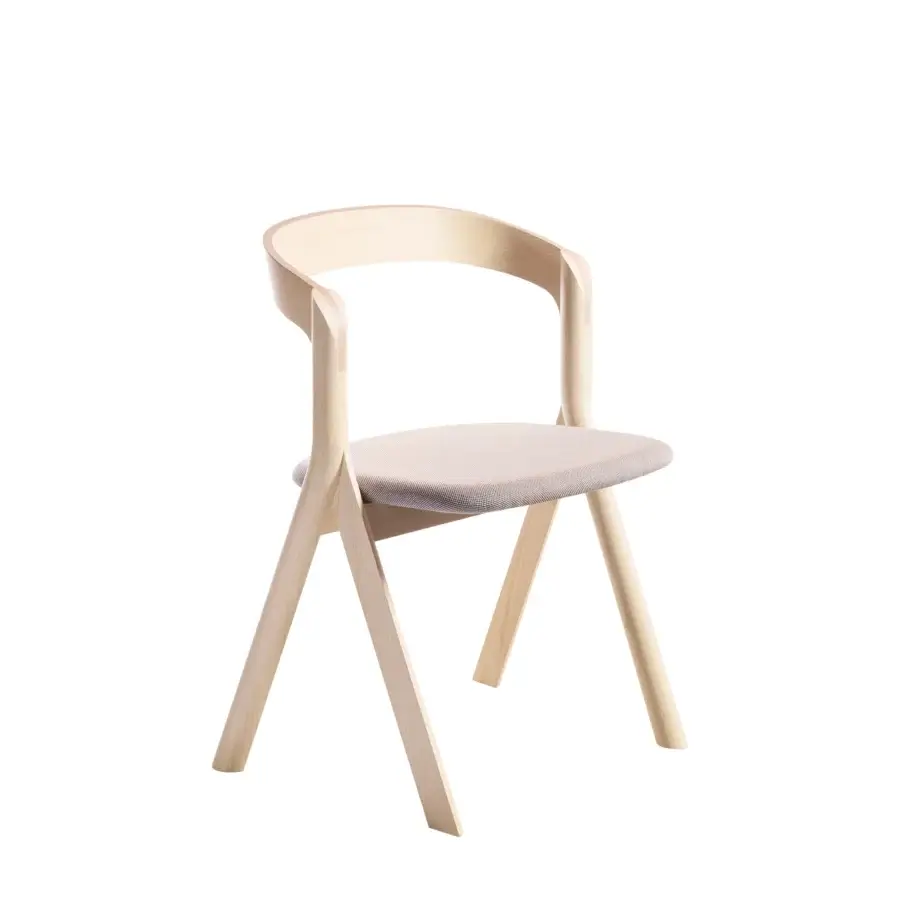 Superior Miniforms Diverge chair in pale wood with a neutral textile seat presents a compass-inspired design crafted in Italy