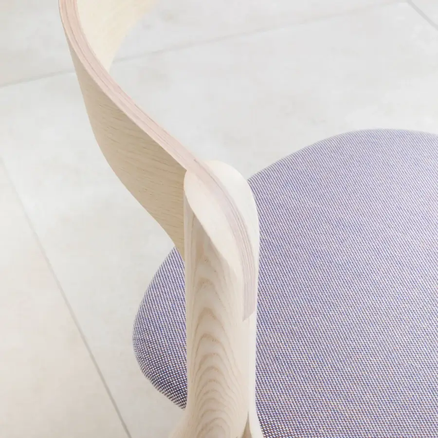 Distinguished Miniforms Diverge chair with a light wood frame and woven textile seat in light blue and white hues, exhibiting a smooth finish