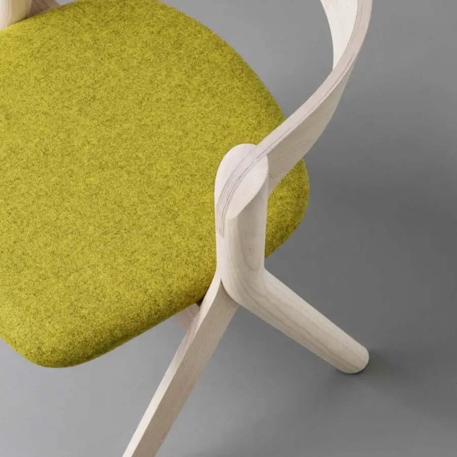 Exceptional Miniforms Diverge chair with a light-toned wood frame and chartreuse upholstery, built in Italy with distinctive Y-shaped legs