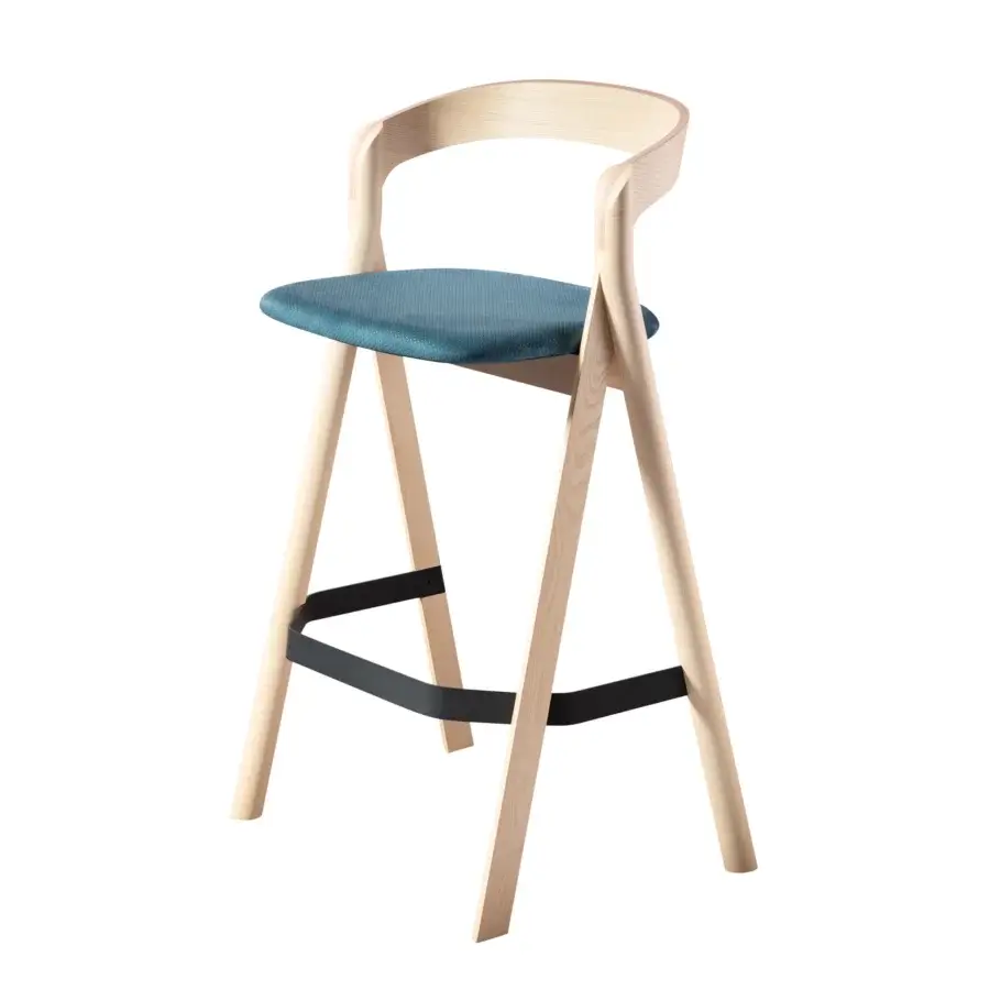 Architectural Miniforms Diverge stool with light wood frame and teal fabric seat crafted in Italy with a smooth matte finish