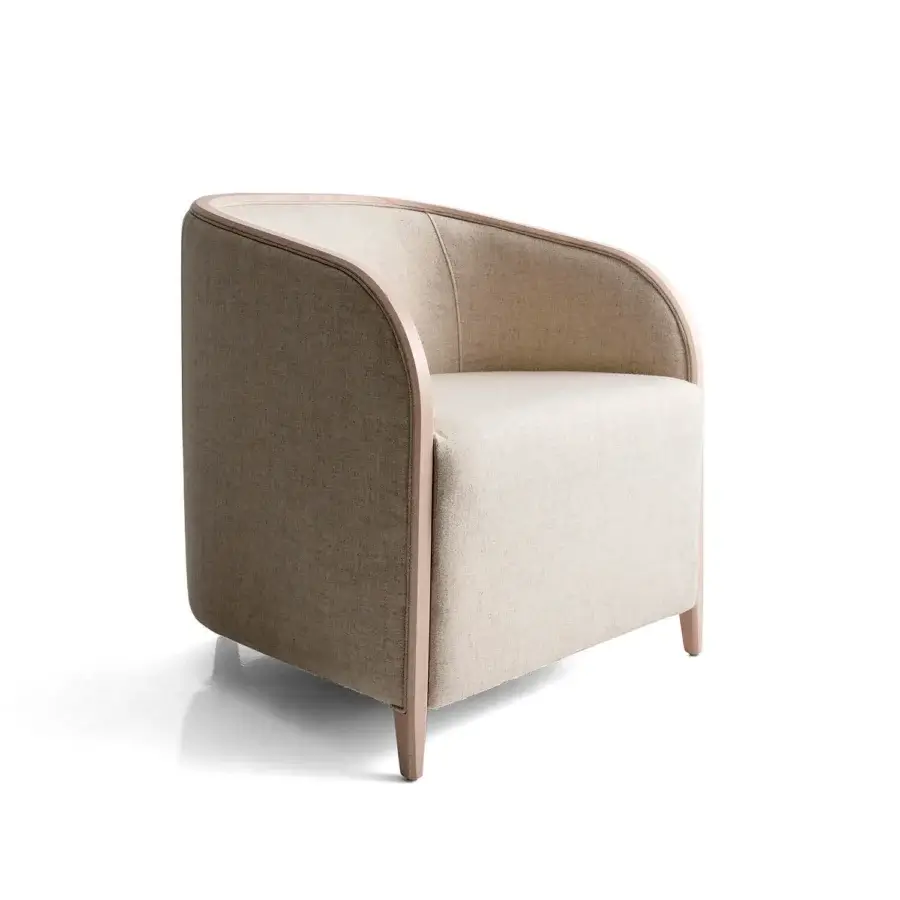 Superior Bross Brig lounge chair with light beige premium fabric and a curved wood structure