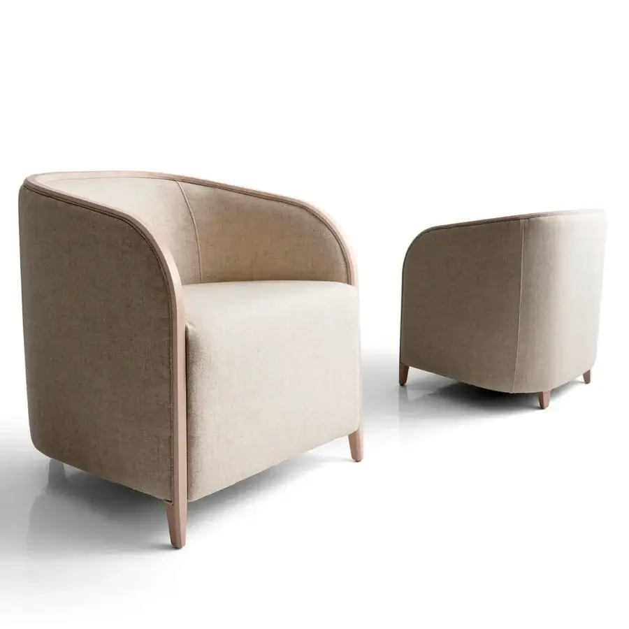 Exceptional Bross Brig lounge chair with light beige premium fabric and curved light-toned wood frame with textured matte finish