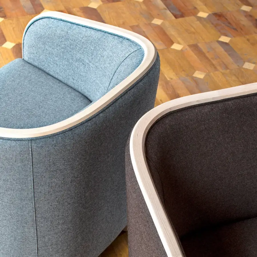 Superior Bross Brig lounge chair with light blue and gray premium fabric upholstery and light matte wood structure