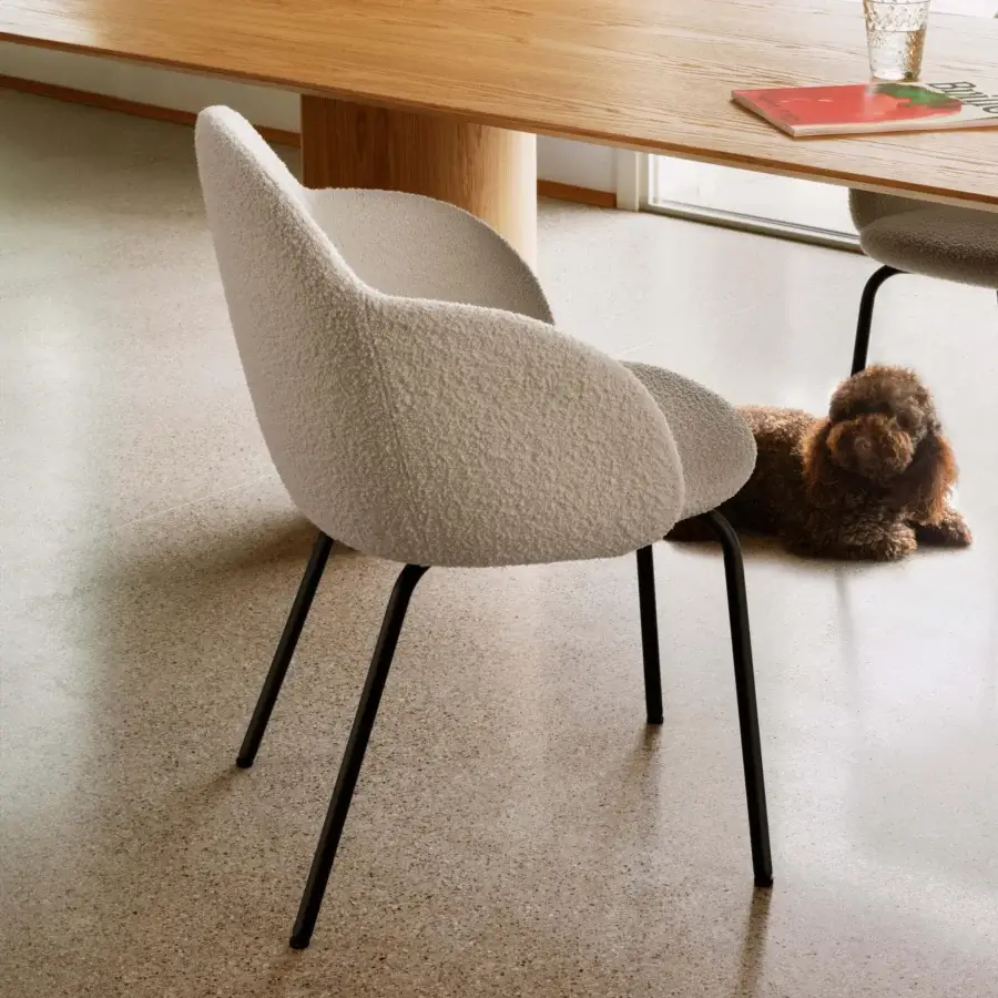 Exceptional Miniforms Iola armchair with off-white fleece-like textile and slender black metal legs