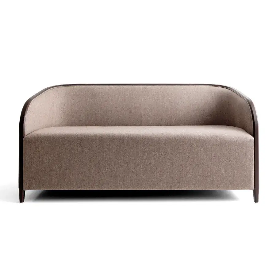Exceptional Bross Brig sofa with a medium-neutral brown textured fabric cover and dark brown wood frame