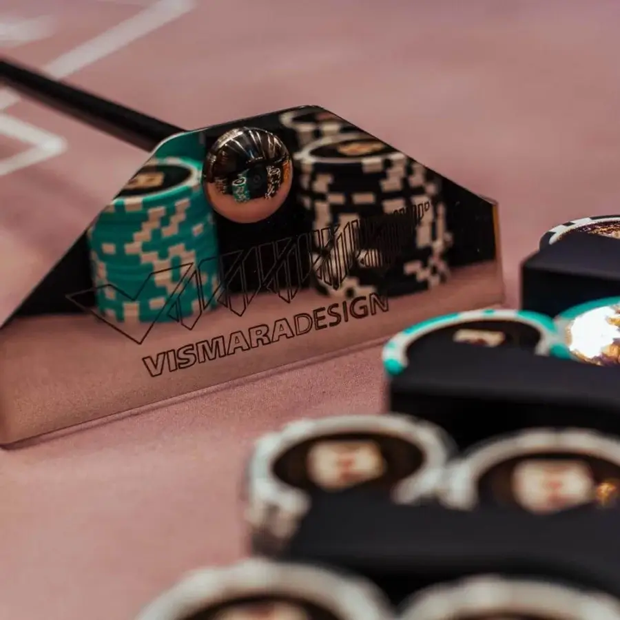 Exclusive Vismara Montecarlo roulette table built with soft touch lacquered edges and a lacquered printed tempered glass top with a brushed rake