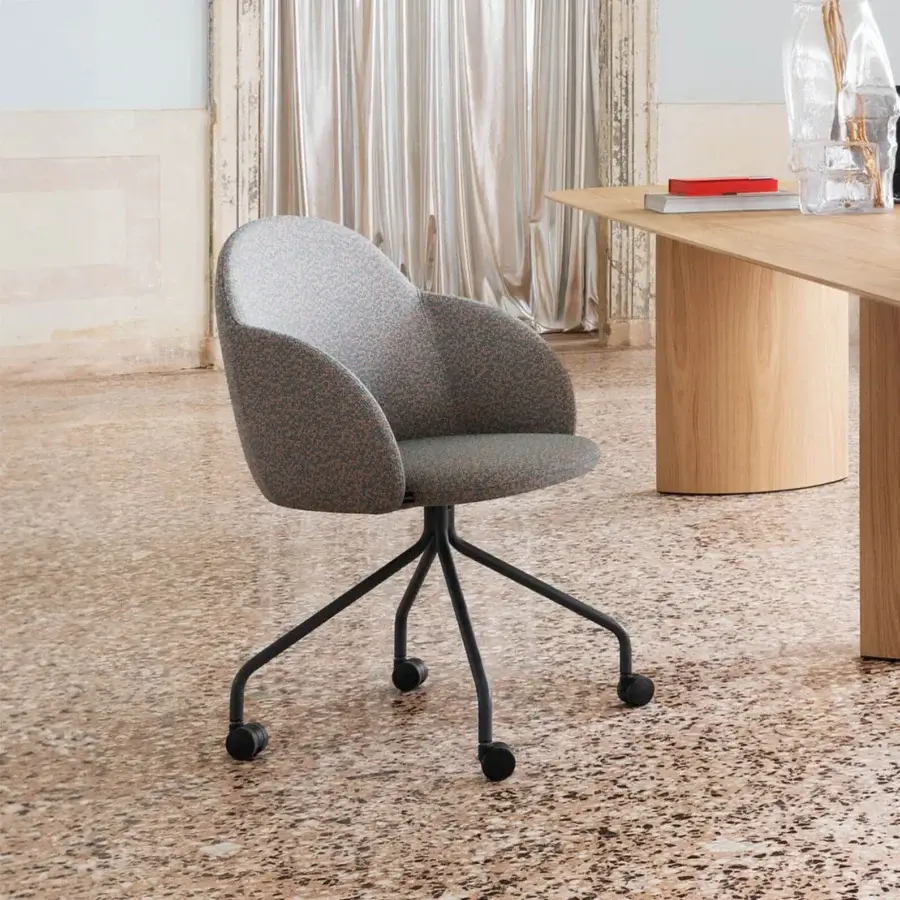 Exceptional Miniforms Iola office chair with patterned gray and reddish-brown textile upholstery and slender black metal base
