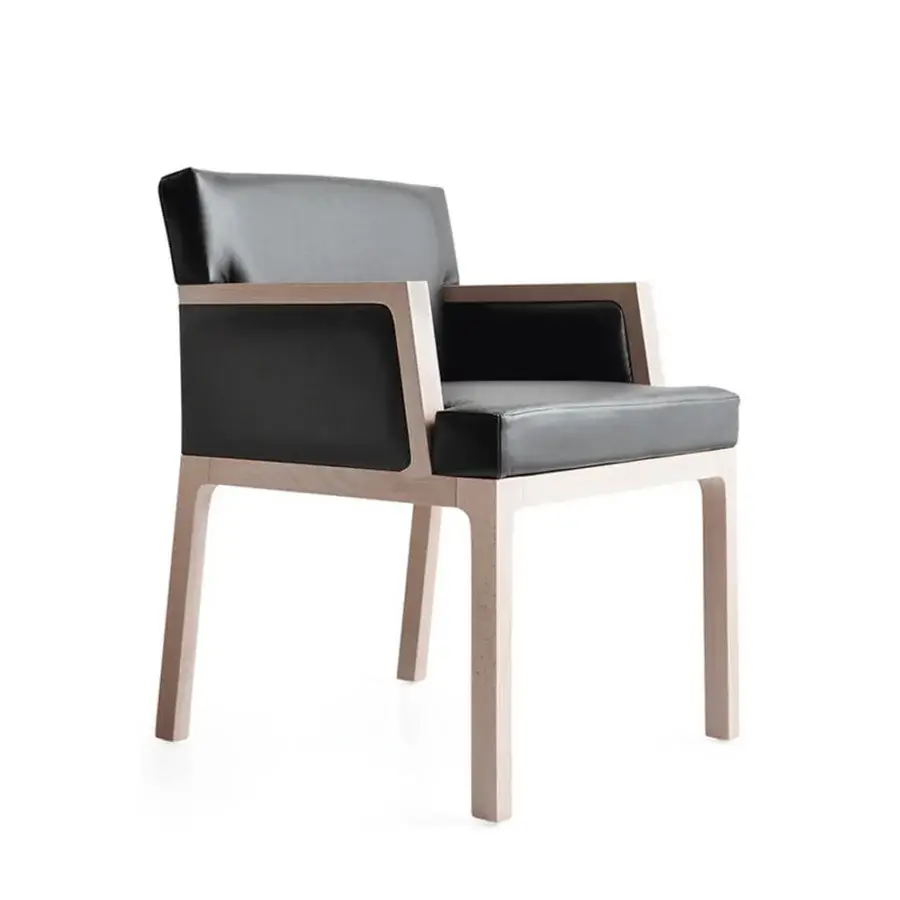 Superior Bross Flux armchair with high-end wood structure and premium black synthetic fabric exemplifying minimalist design
