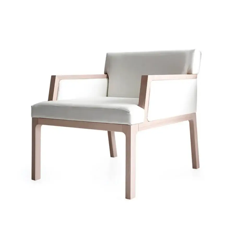 Superior Bross Flux lounge chair with a geometric light-toned wood frame and white upholstery crafted in Italy