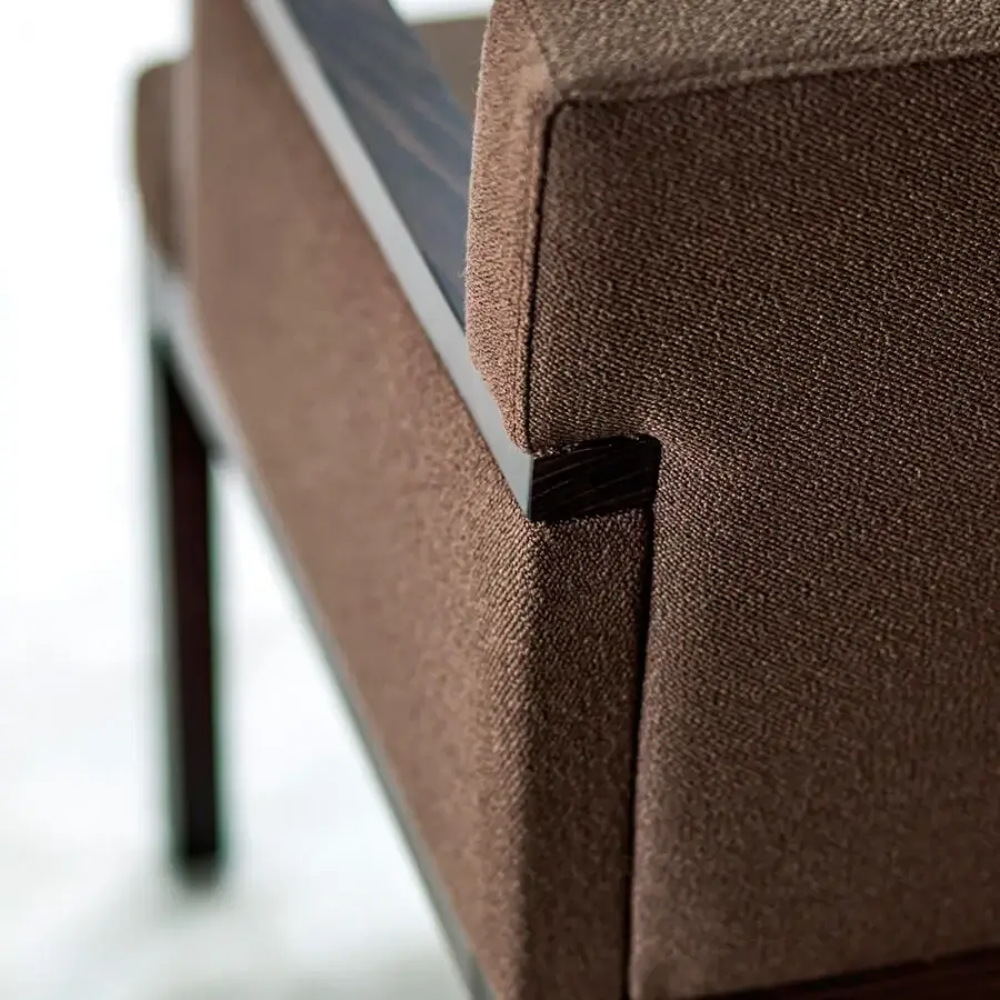 Exceptional Bross Flux lounge chair with dark-toned wood structure and coarse-textured medium brown fabric upholstery