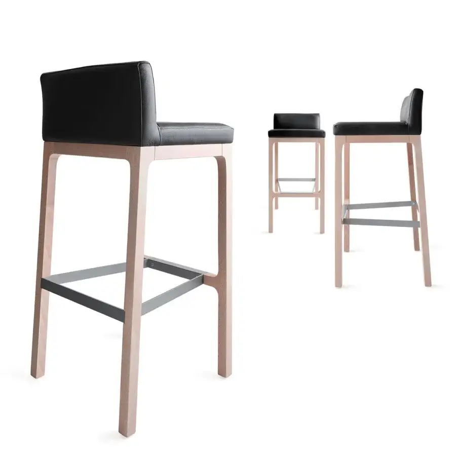 Superior Bross Flux stool with a light wood structure and black premium leather upholstery crafted in Italy