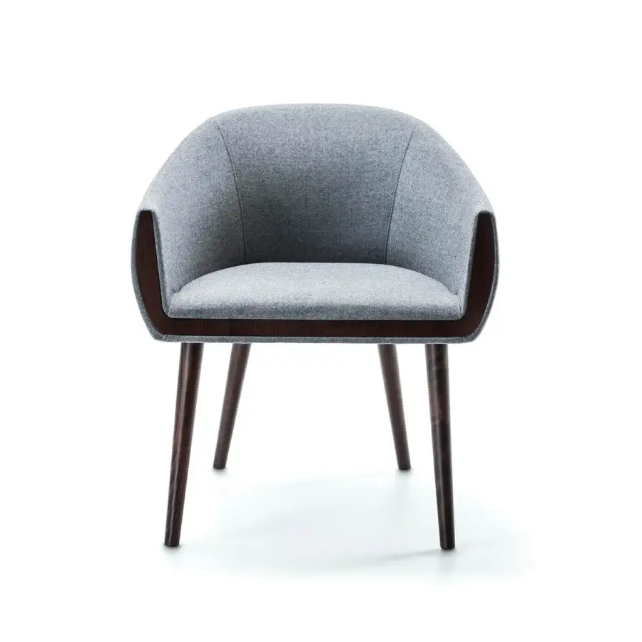 Elegant Bross Ginevra armchair with light gray textile upholstery and contrasting dark-stained wood armrests and legs