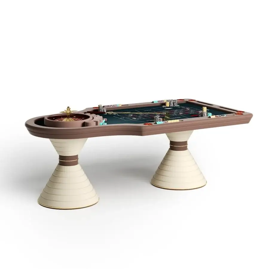 Distinguished Vismara Montecarlo roulette table crafted with a lacquered printed glass top and ring bases in medium brown with cream accents