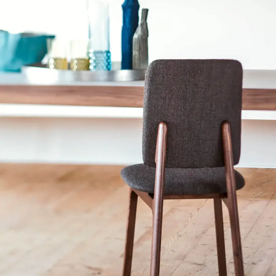 Superior Bross Gisa chair with dark gray woven textile and dark brown stained wood frame built in Italy