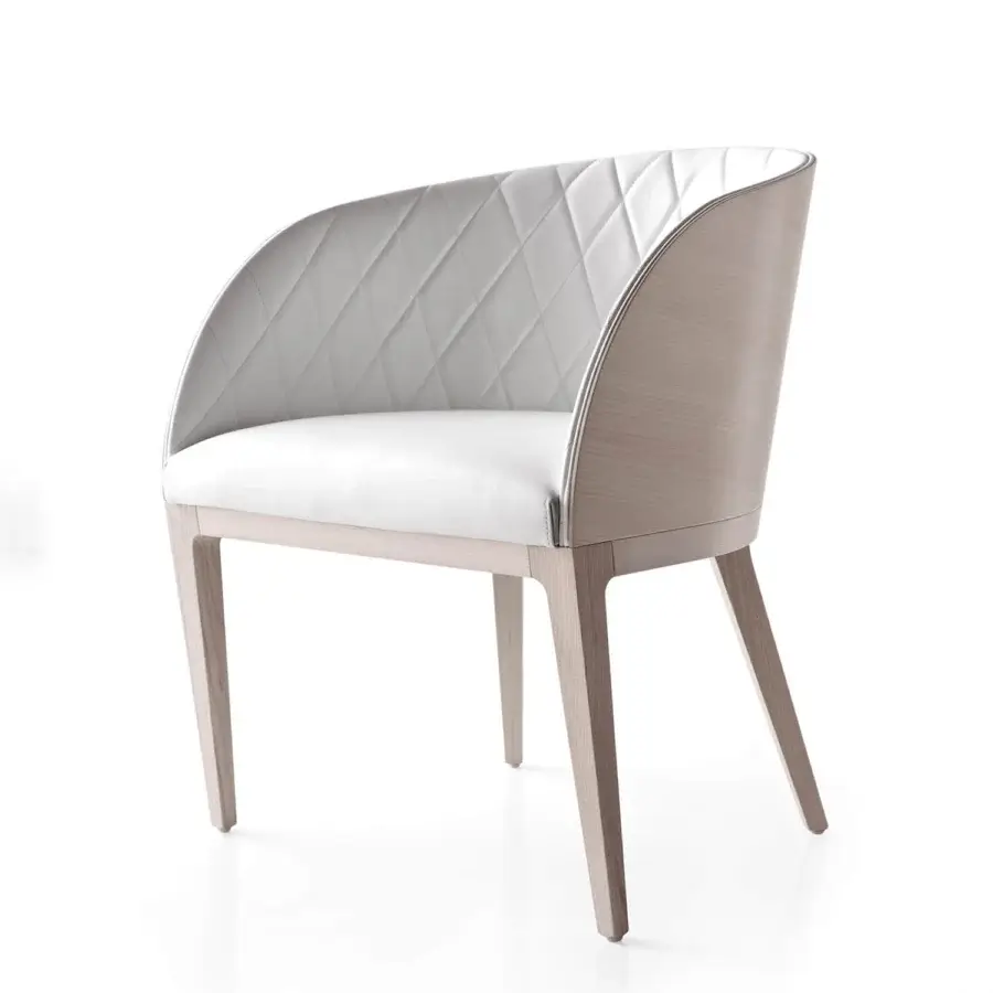 Distinctive Bross Hug armchair with quilted premium fabric and light matte wood complemented by diamond stitching
