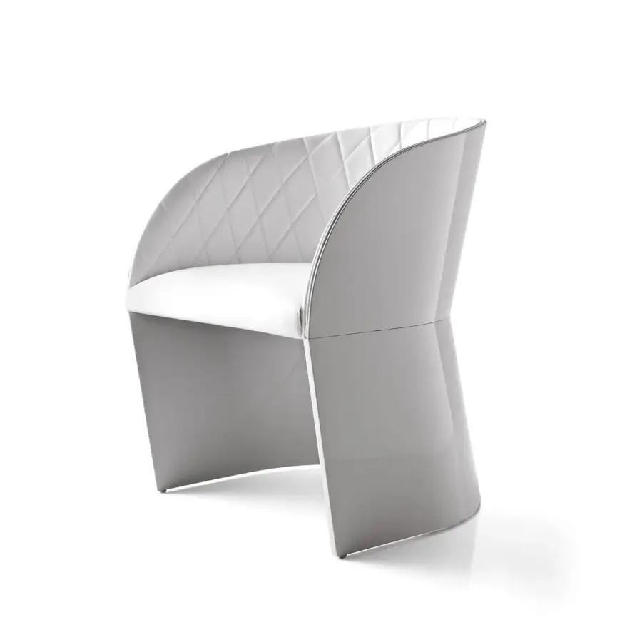 Superior Bross Hug armchair with quilted white fabric, glossy gray synthetic material and a high-end wood base