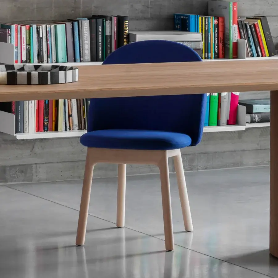 Exceptional Miniforms Iola Wood chair with expanded polyurethane shell, light wood frame and uniform matte blue textile upholstery