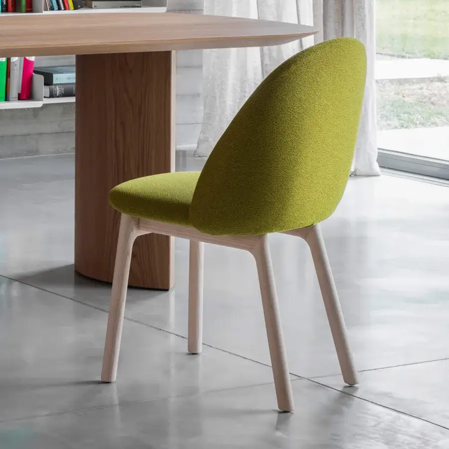 Elegant Miniforms Iola Wood chair with chartreuse green textured textile upholstery and cylindrical wood legs