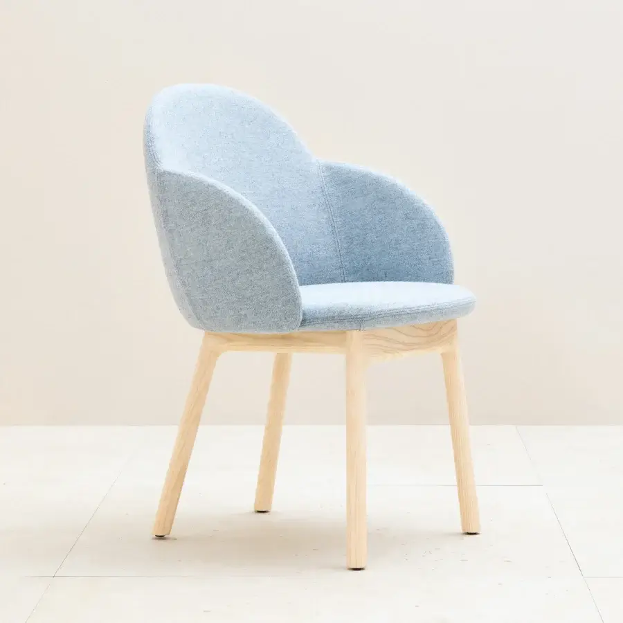 Superior Miniforms Iola Wood chair with light blue textured textile upholstery and natural toned wood frame