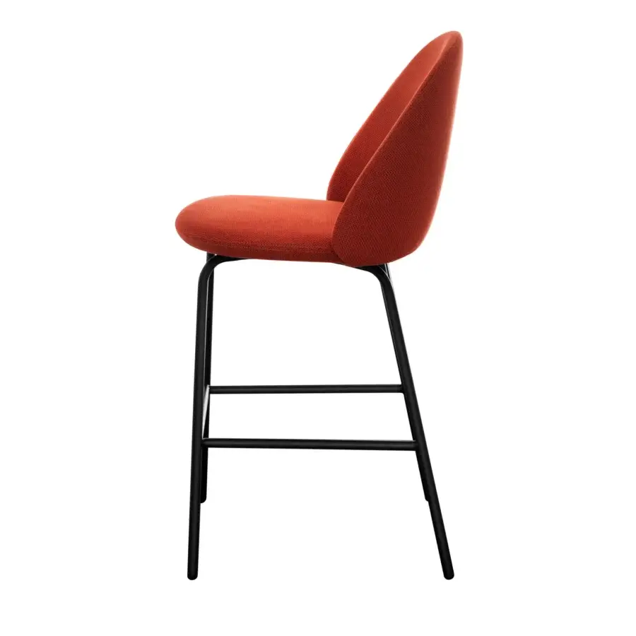 Superior Miniforms Iola stool with ergonomic expanded polyurethane shell upholstered in woven orange textile and matte black metal frame