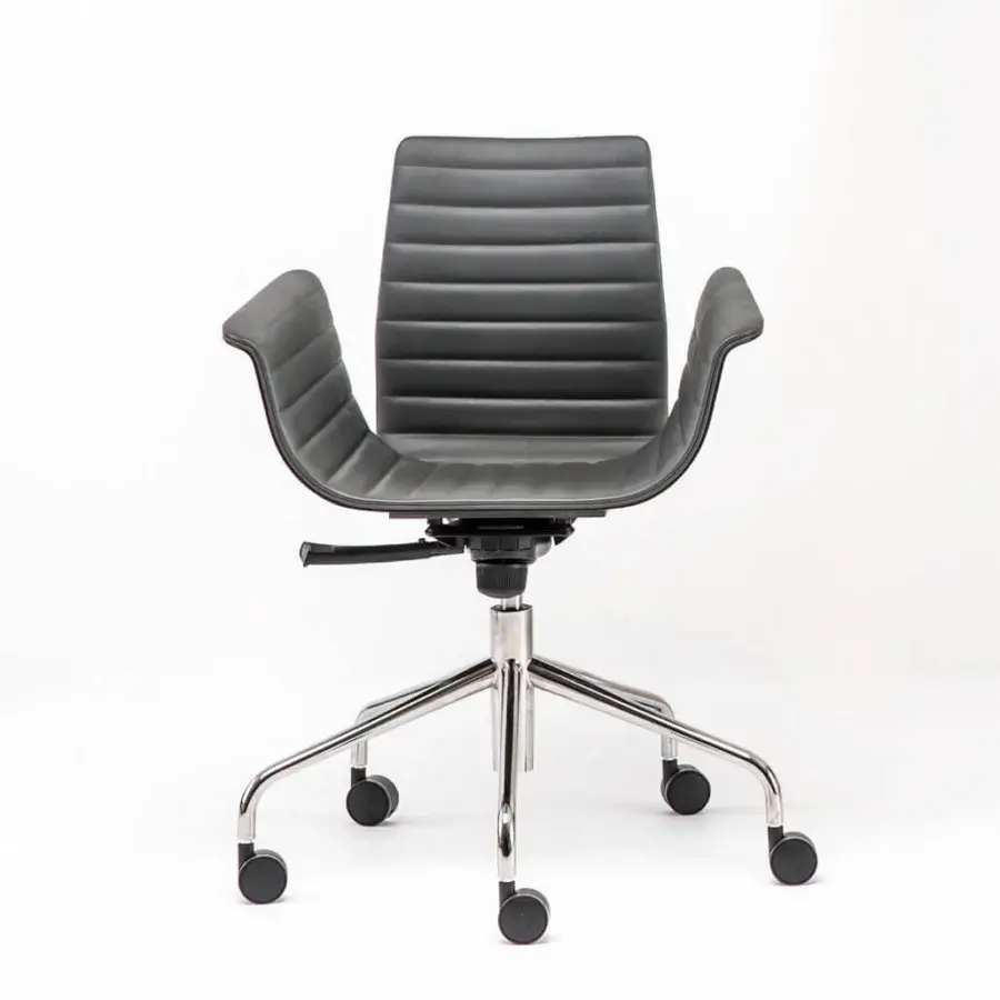 Distinguished Bross Meeting armchair with dark gray quilted fabric upholstery and shiny metal swivel base