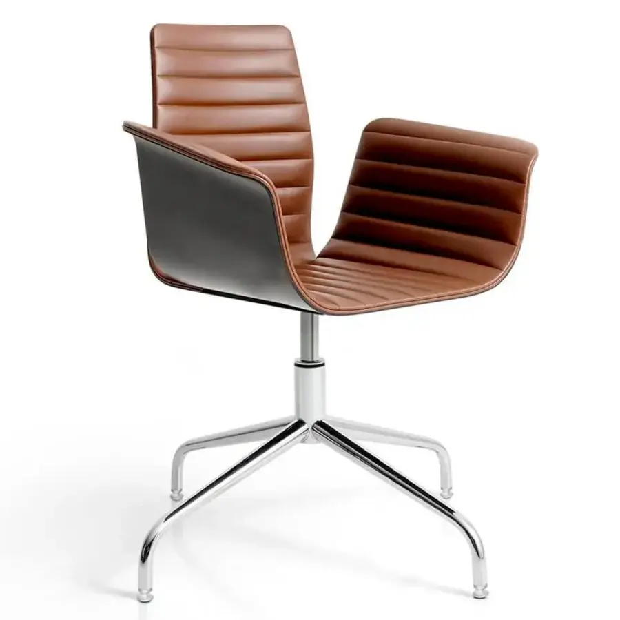 Superior Bross Meeting armchair with quilted brown leather front and dark gray wood rear back in glossy chrome metal