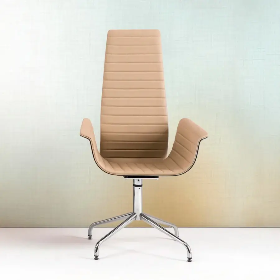 Exceptional Bross Meeting armchair upholstered in light beige textile or synthetic leather with a glossy metal base