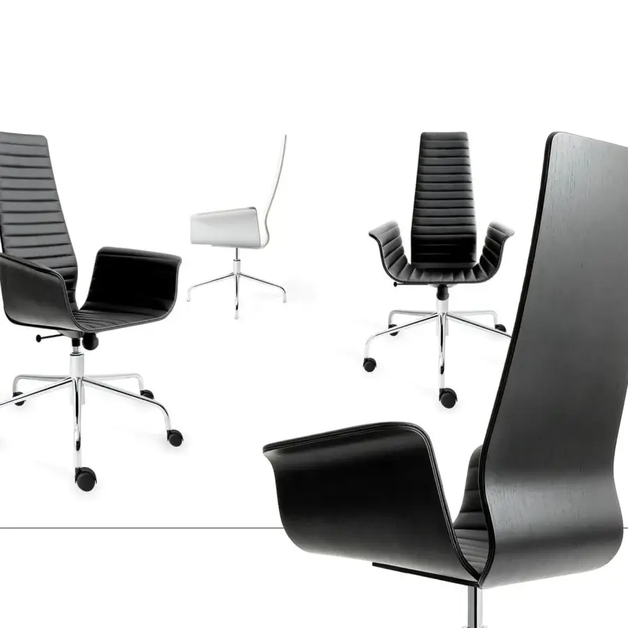 Superior Bross Meeting armchair with dark fabric upholstery, curved wood backrest and metal pedestal base