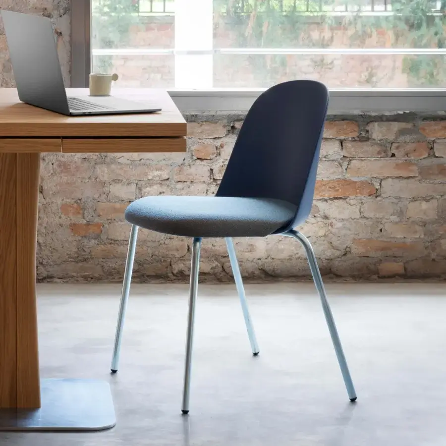 Exceptional Miniforms Mariolina Basic chair with light blue-grey upholstery and dark blue backrest in silver-finished metal legs