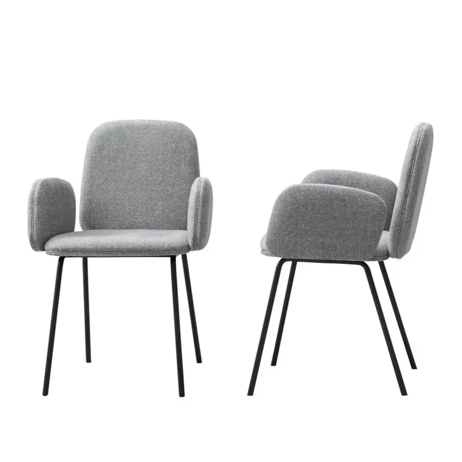 Exceptional Miniforms Leda chair with soft silhouette in matte medium gray textile and minimalist black metal legs