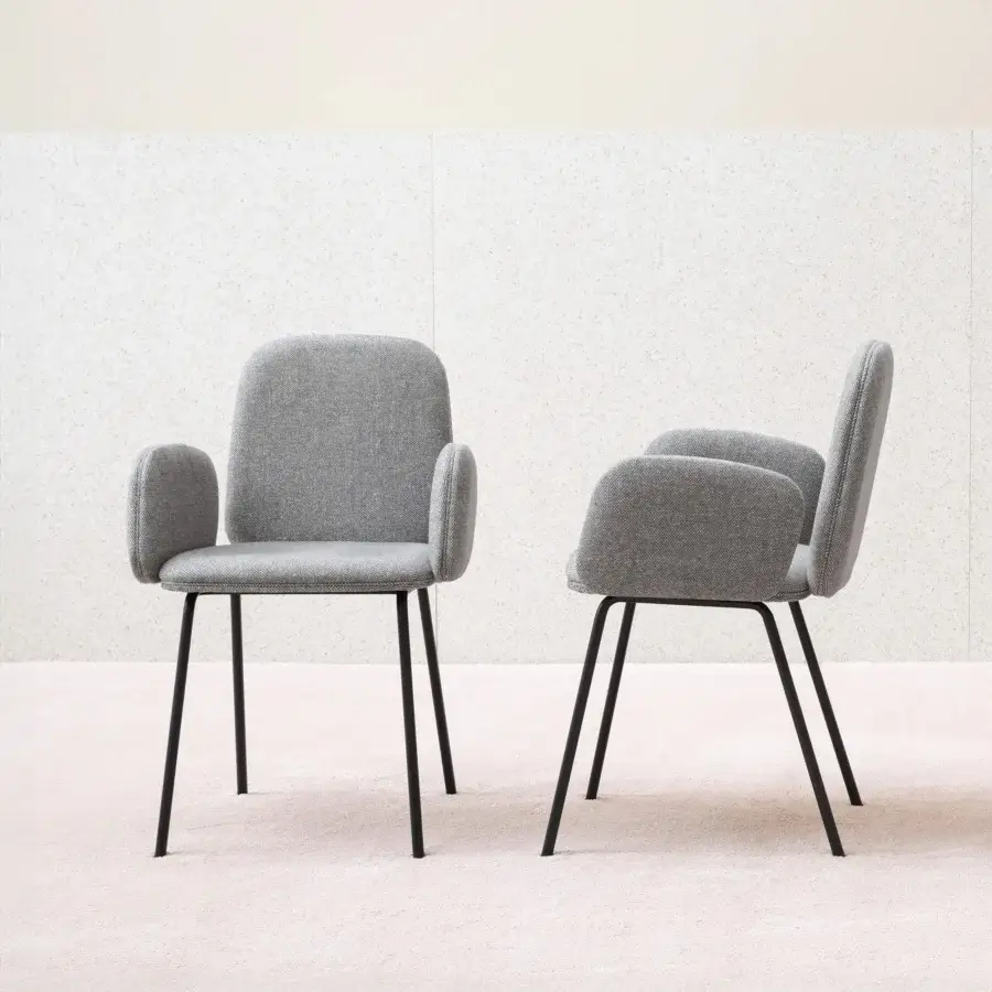 Superior Miniforms Leda chair with soft silhouette in gray herringbone textile and angled black metal legs