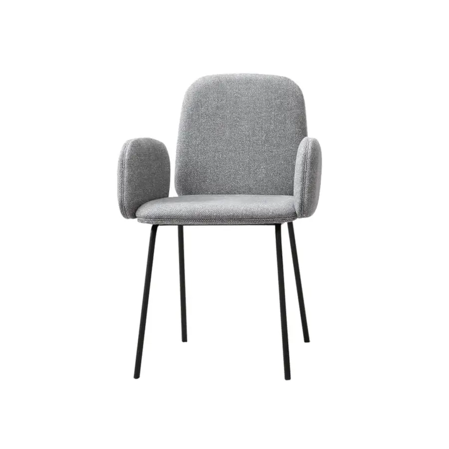Superior Miniforms Leda chair with soft silhouette in light grey textured textile and slender black metal legs