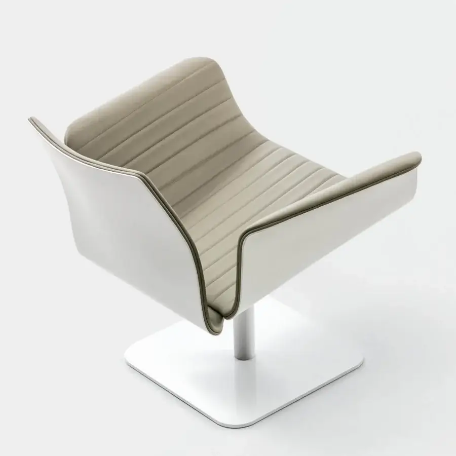 Elegant Bross Meeting lounge chair upholstered in muted beige textile with quilted detail and bright white metal base