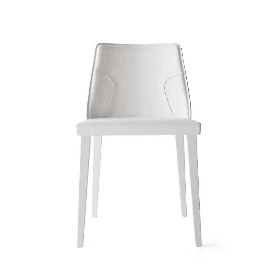 Distinguished Bross Ned chair with smooth matte white premium leather and slender wooden legs crafted in Italy