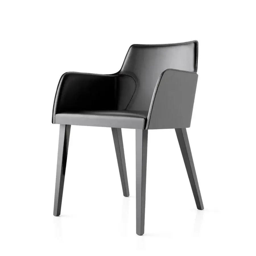 Superior Bross Ned armchair with high-end wood legs and premium black leather upholstery in a smooth uniform finish
