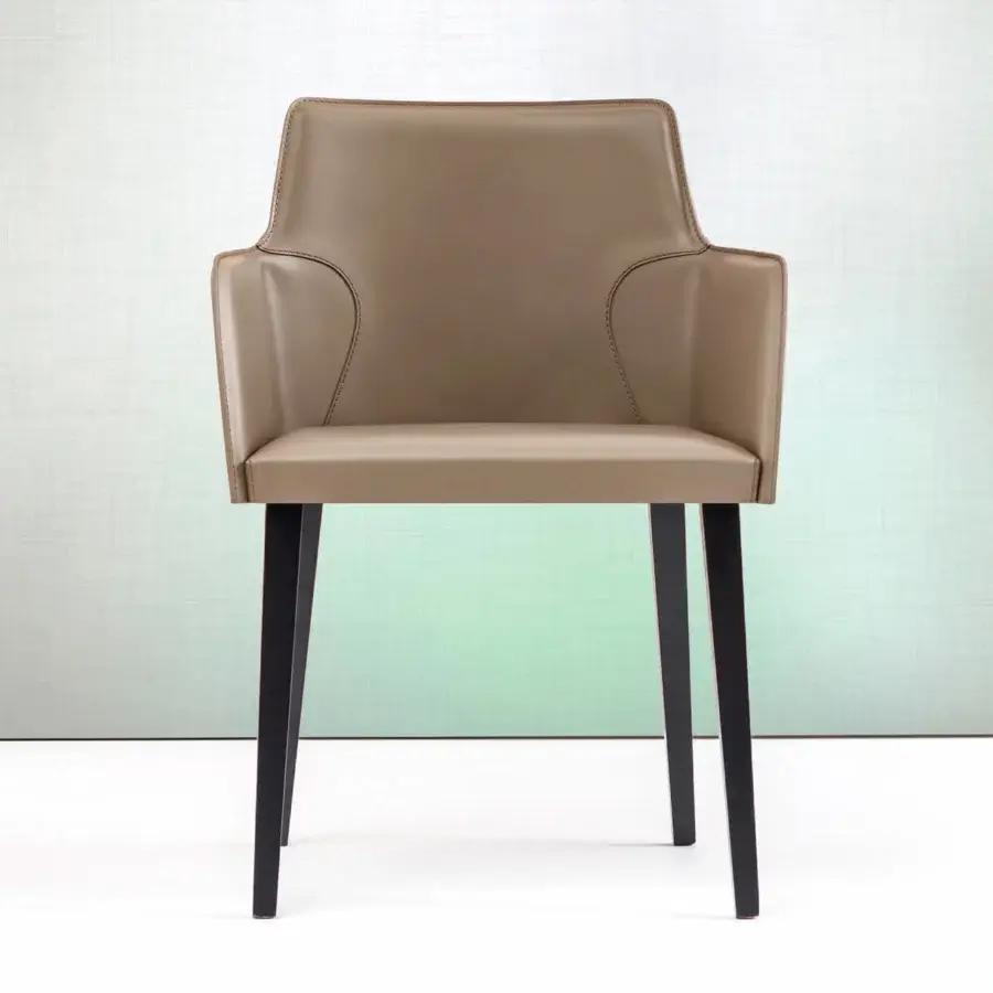 Distinguished Bross Ned armchair with high-end wood legs and premium tan leather upholstery crafted in Italy