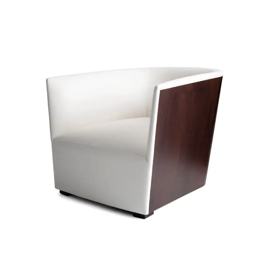 Elegant Bross Nest lounge chair in crisp white premium fabric with dark glossy wood feet and outer back