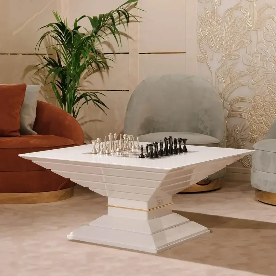 Exceptional Vismara Scaccomatto chess table with recessed ebony, erable wood, and mother-of-pearl inlaid tabletop and glossy white lacquered pedestal base